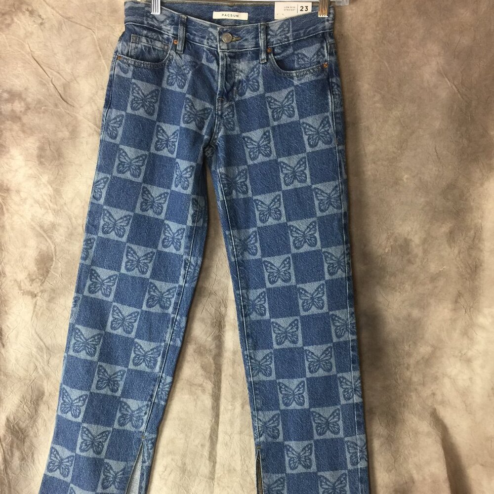 PacSun Eco Butterfly Checkerboard Low Rise Straight Leg Jeans NWT Button Fly